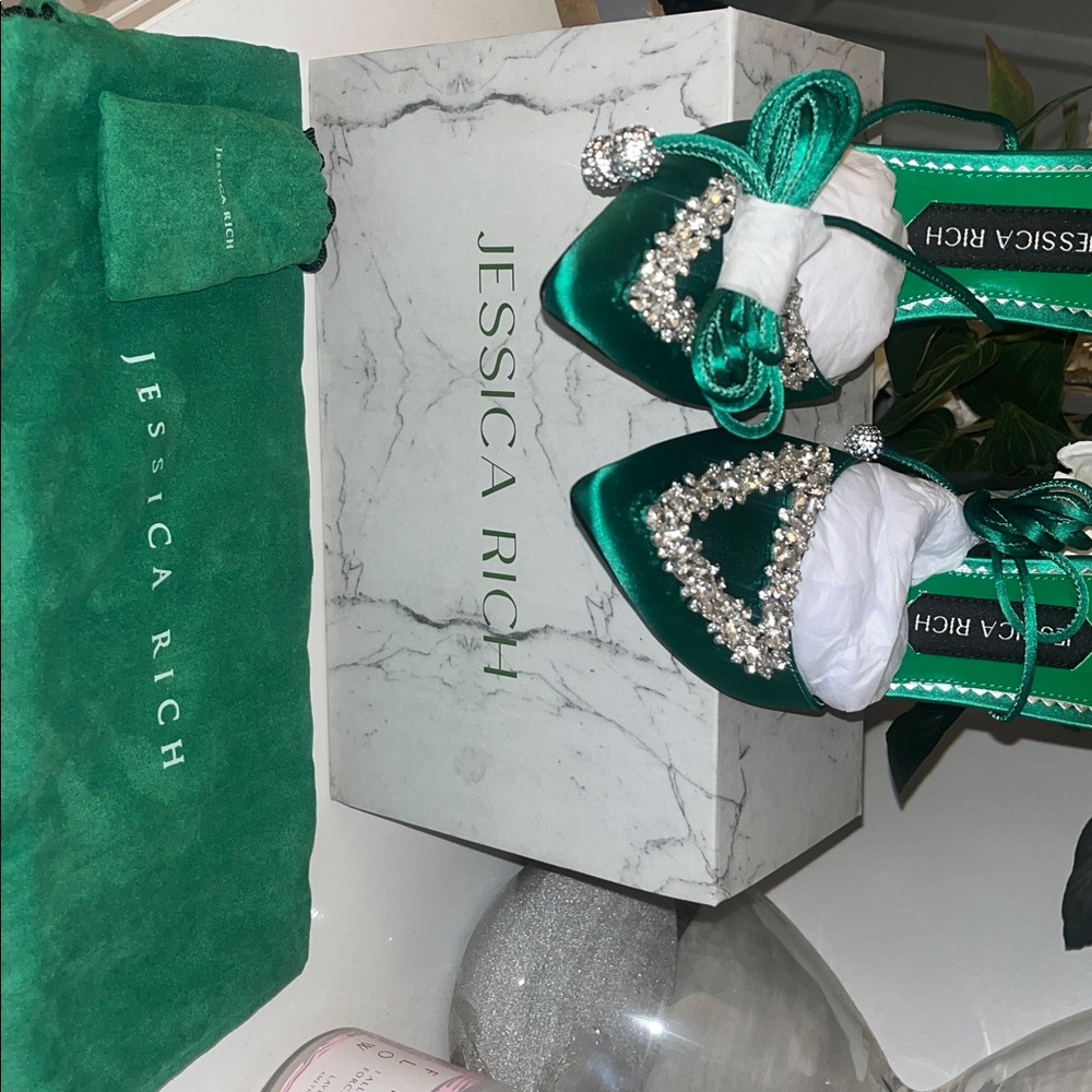 Jessica Rich Green Satin Heels with Pearl Embellishments